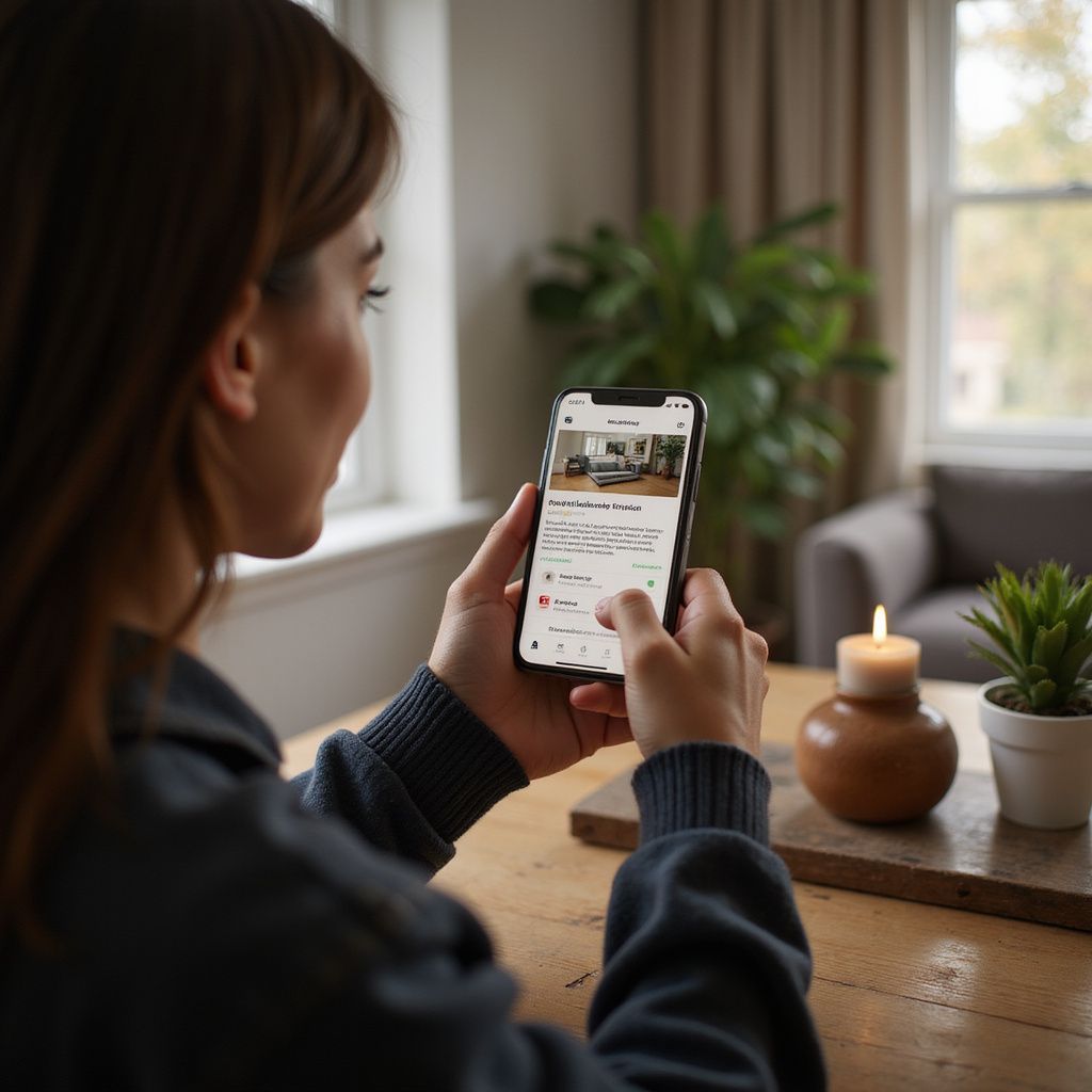 Woman using a smartphone, showing a home interior. Candle and plant on a wooden table.