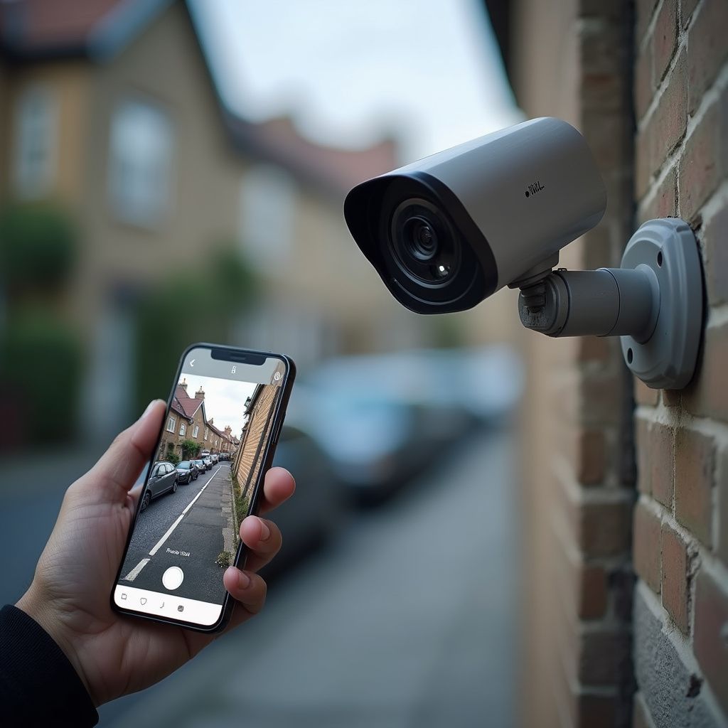 A person using a smartphone to view a street scene, connected to a mounted security camera.