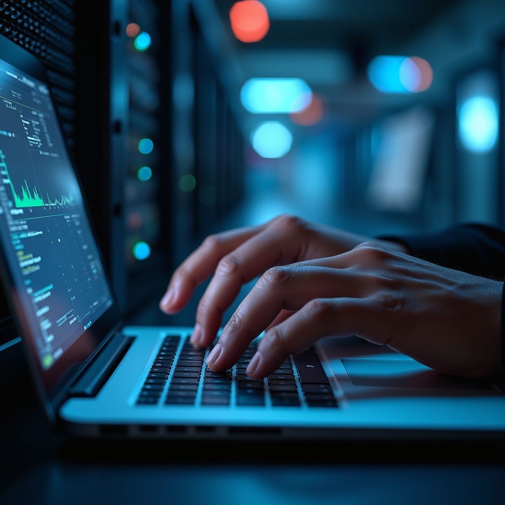 Hands typing on a laptop in a data center, displaying data visualizations in blue tones.