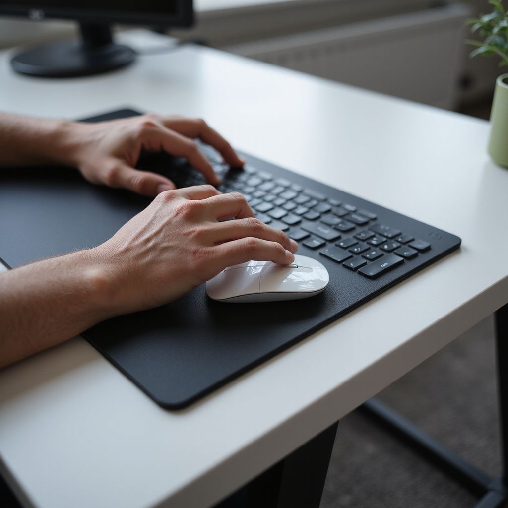 Person's hands using a keyboard and mouse on a white desk with a black mousepad.