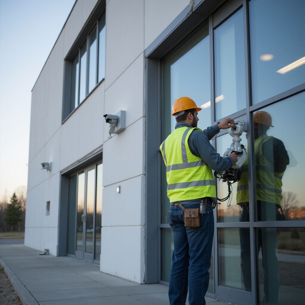 Construction worker installing a security camera on a modern building's exterior.