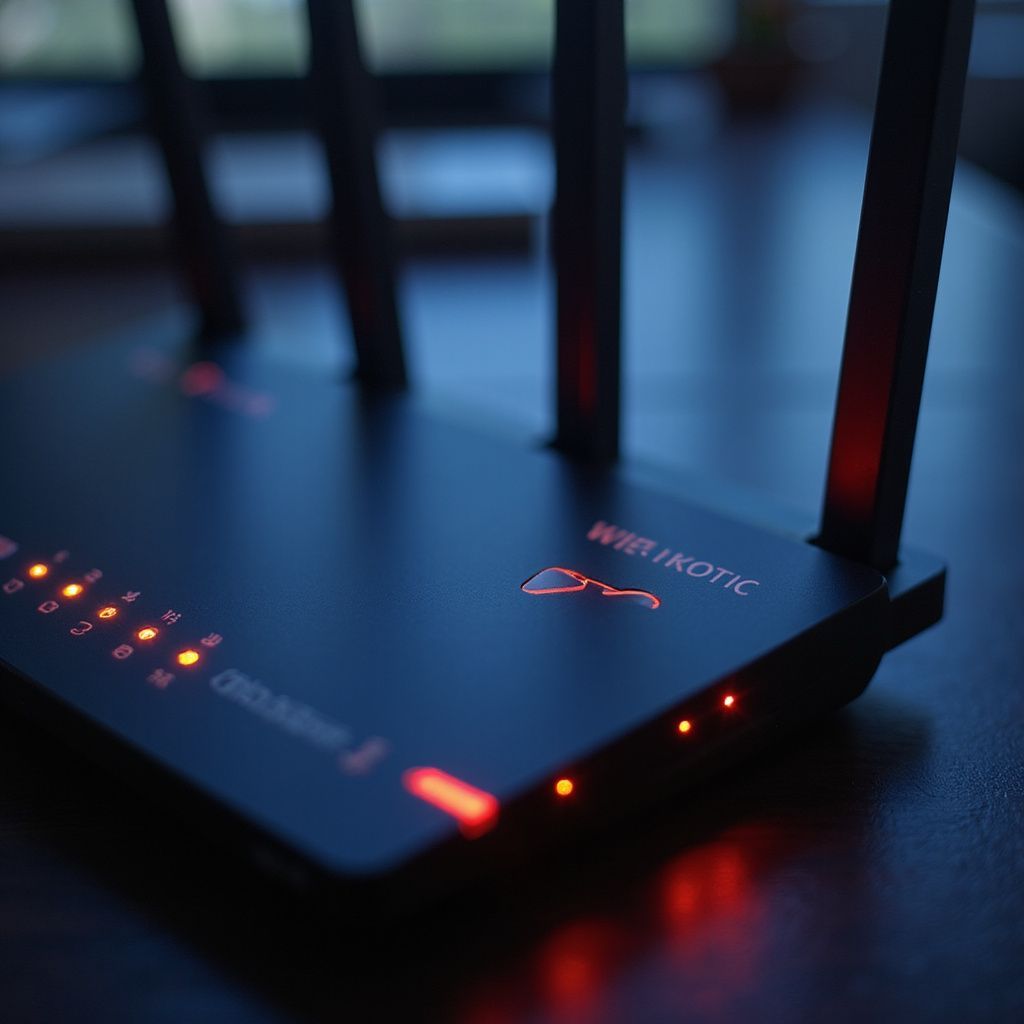 Black Wi-Fi router with four antennas, illuminated orange lights on a dark surface.