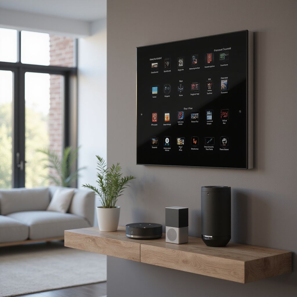 Smart home display on wall with speakers on floating shelf. Living room setting.
