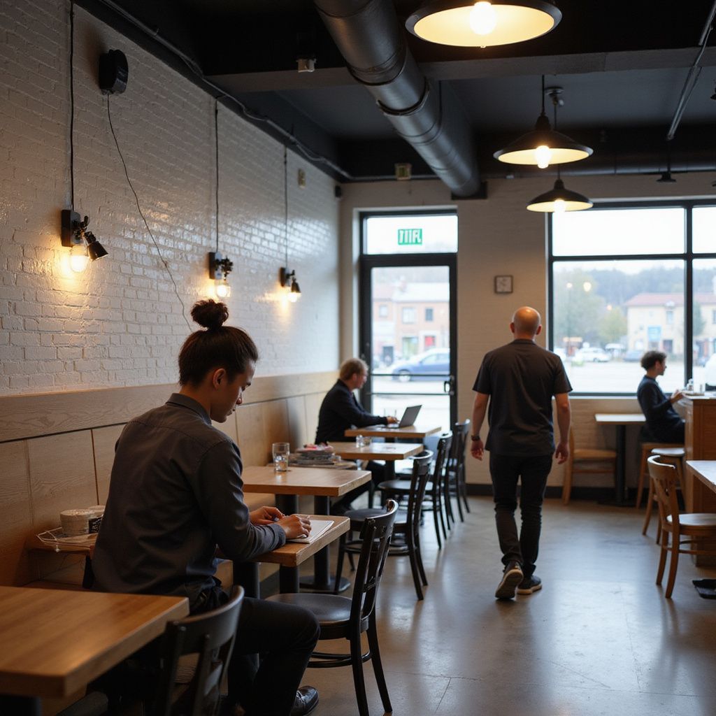 People in a cafe, some working on laptops. Brick wall with sconce lighting, window with outside view, black ceiling.
