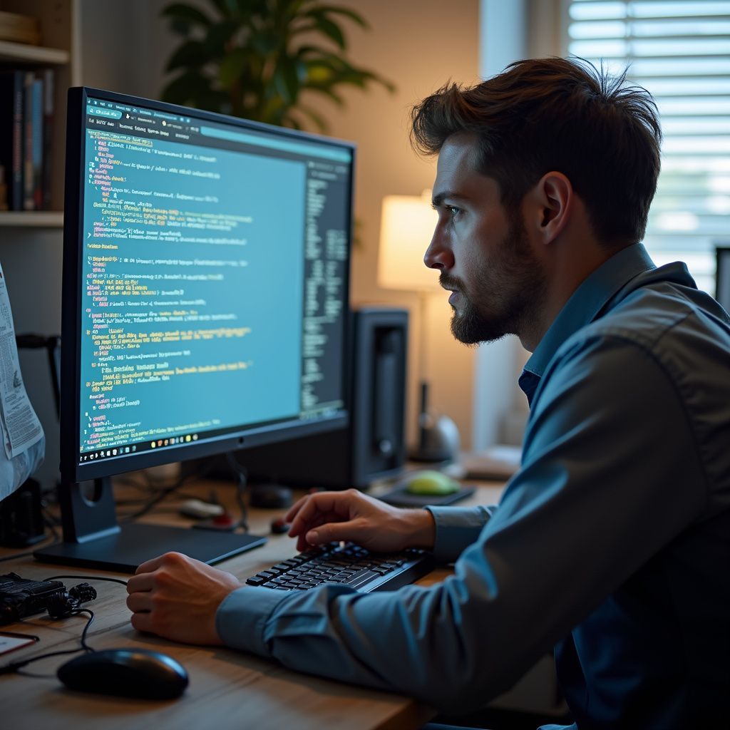 Man coding on a computer, seated at a desk indoors. Screen displays code, and he types on the keyboard.