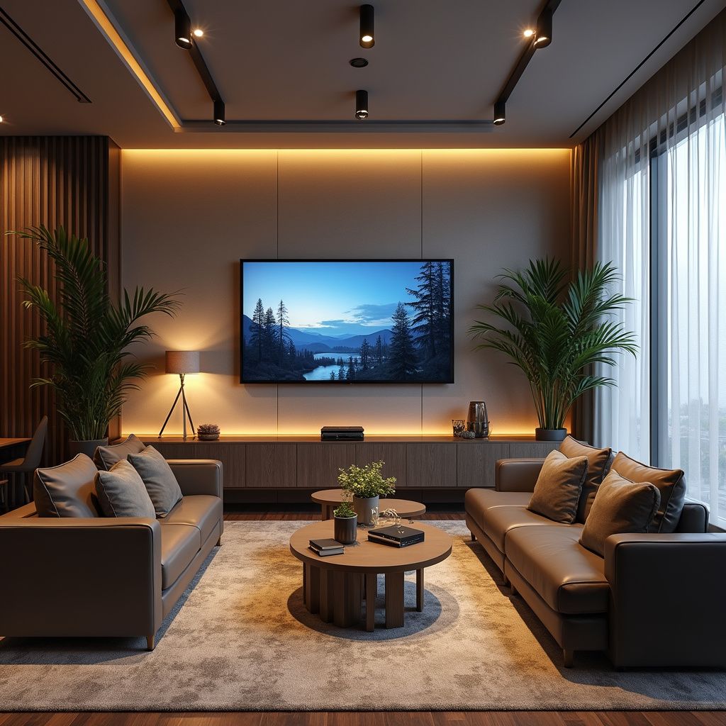 Cozy living room with brown leather sofas, a large TV, plants, and ambient lighting.