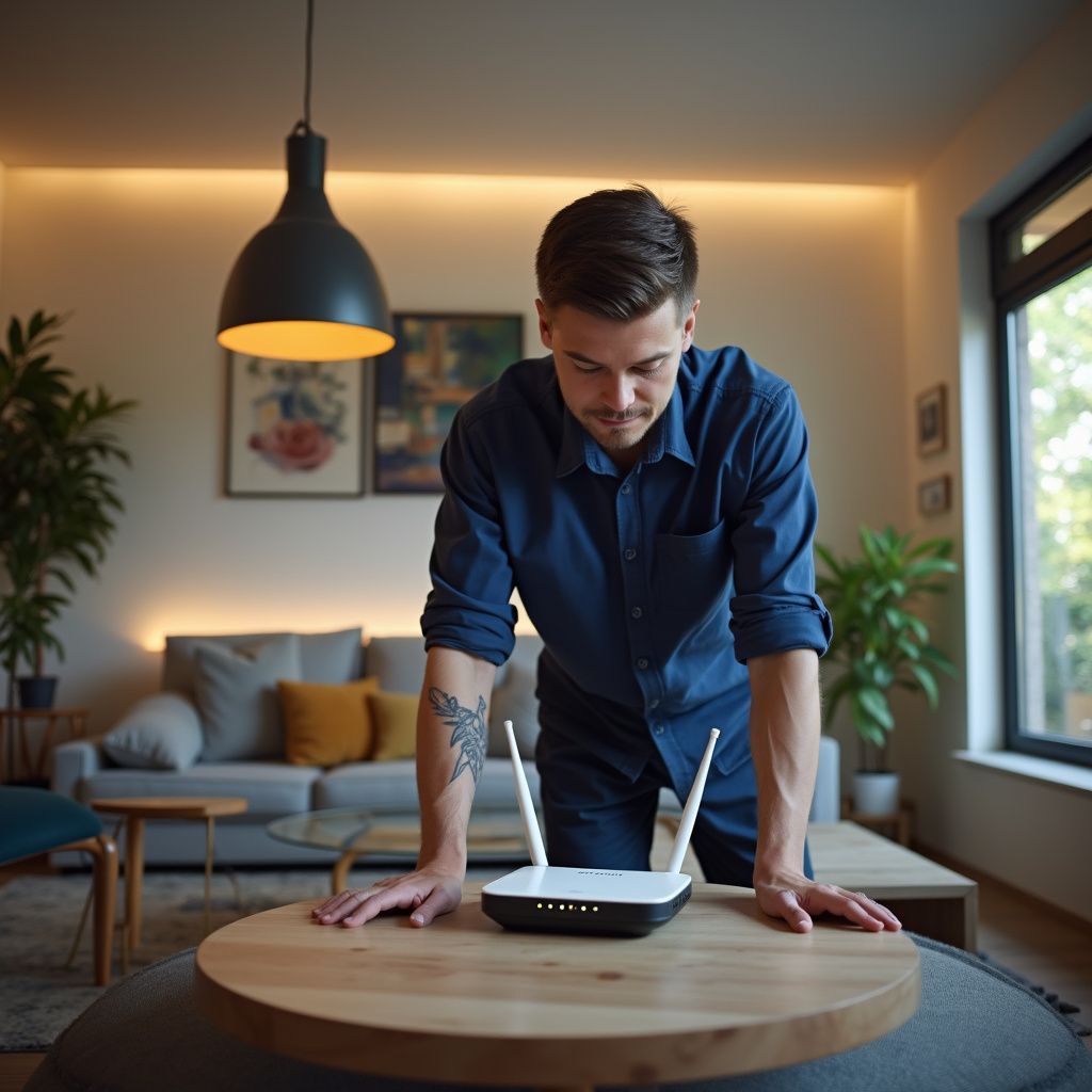 Man looking at a WiFi router on a wooden table in a living room.
