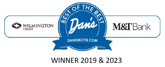 Dan's Best of the Best award logo with Wilmington Trust and M&T Bank. Winner 2019 & 2023. Blue, white.