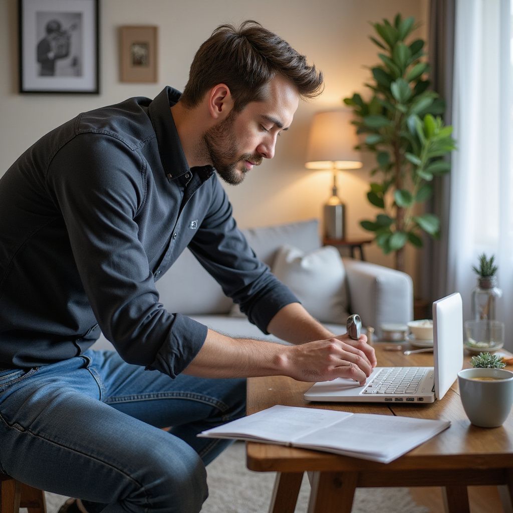 Man working on a laptop at a table in a living room, writing on paper; natural light.