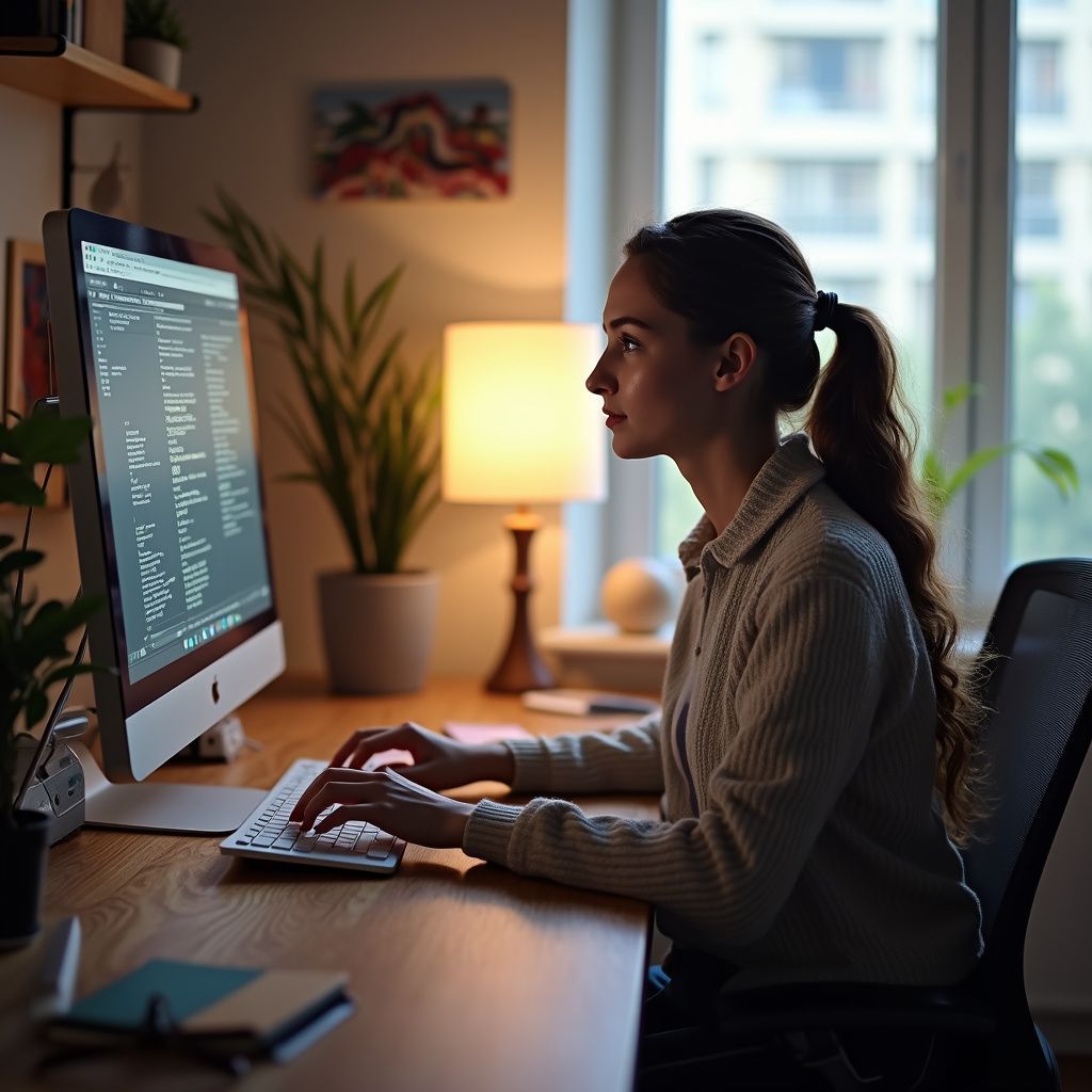 Woman coding at a computer in a home office. She types while looking at the screen, a ponytail.