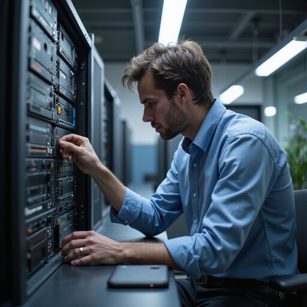 Man working on server racks in a data center; he is adjusting something.