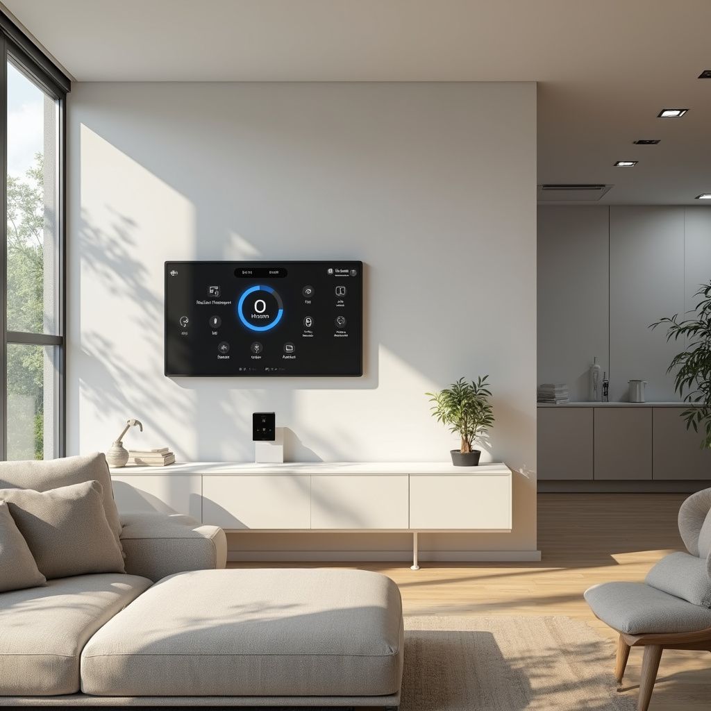 Modern living room with a control panel on the wall, a sofa, and large windows.