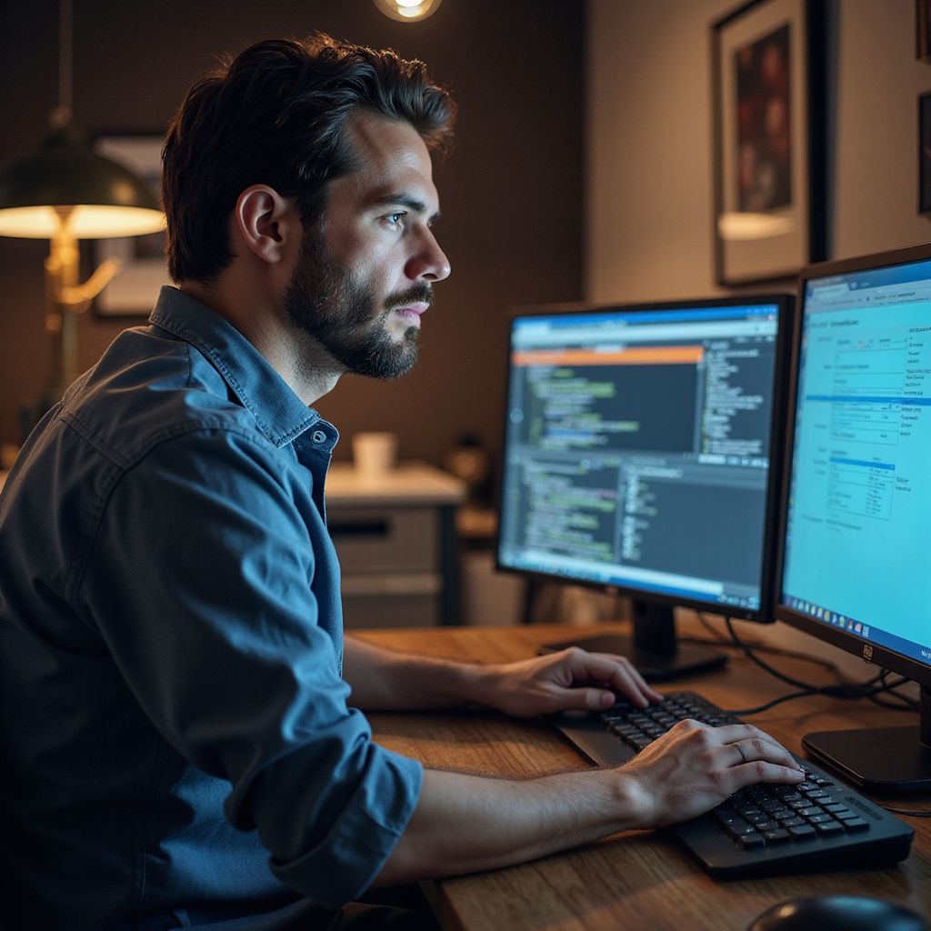Man working on computer with two screens, typing, indoors.