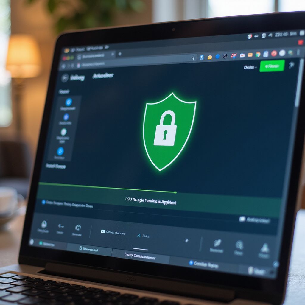 Laptop screen displaying a green shield with a padlock, suggesting online security.
