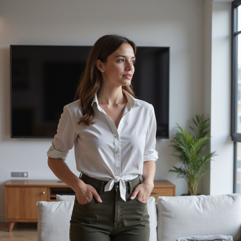 Woman in a white shirt and green pants looking out of a window, hands in pockets.