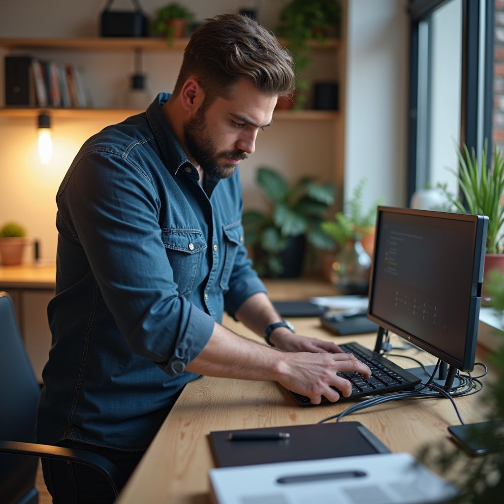Man holding a router, inspecting it indoors. He's wearing blue and black overalls. A home office setting with plants.