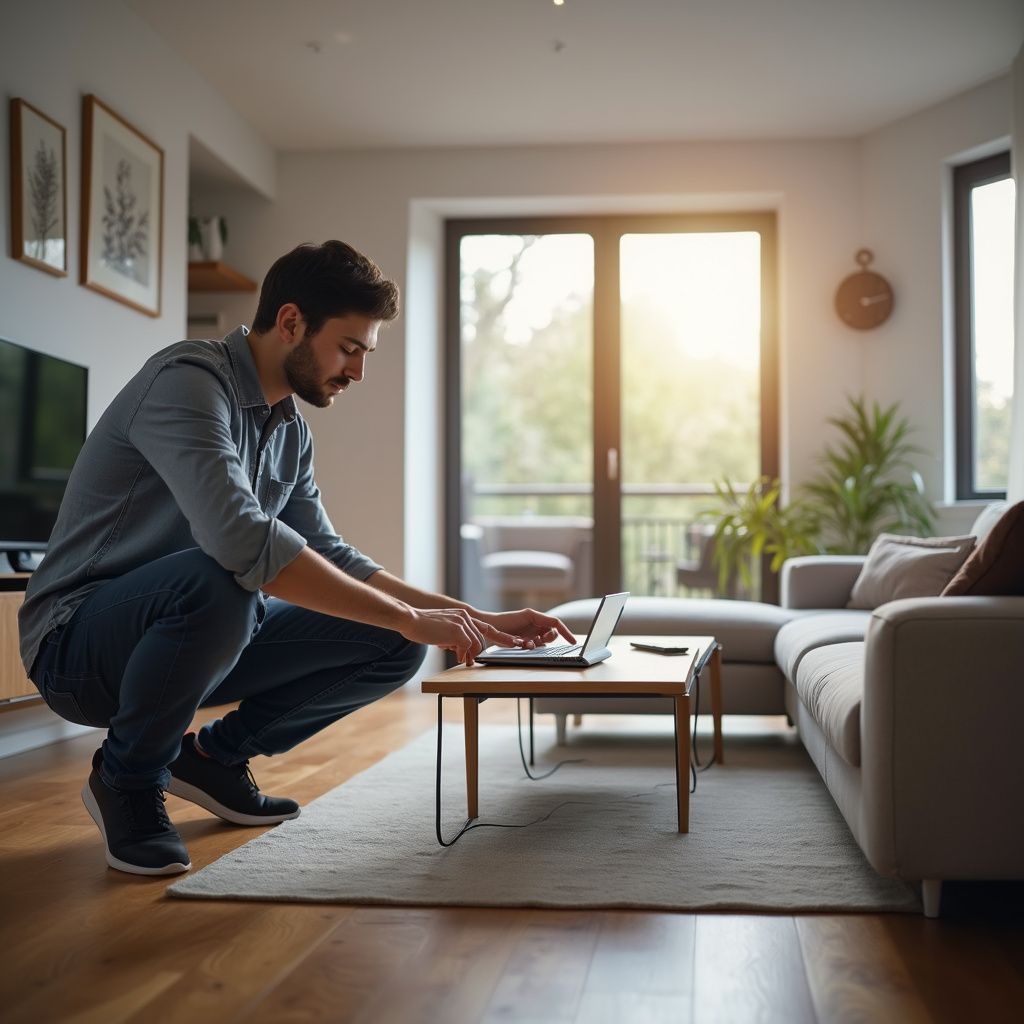 Man working on laptop on a coffee table in a modern living room.