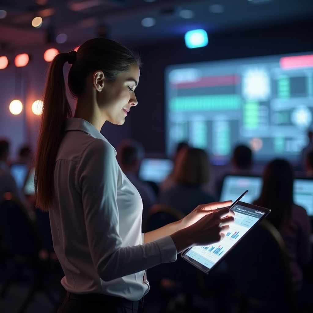 Woman in white shirt using tablet, presenting in a dark room with a screen and audience.