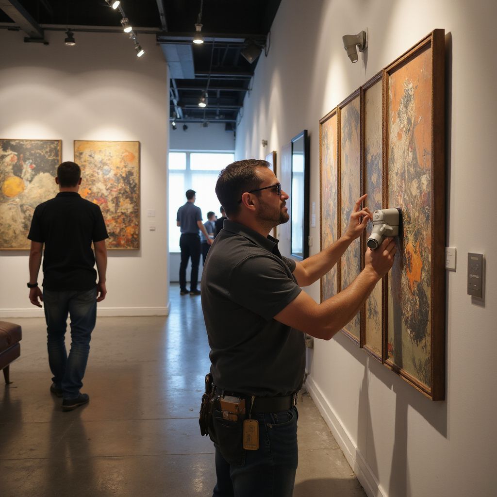 Man photographing abstract art in a gallery. Other people look at artwork. White walls and track lighting.