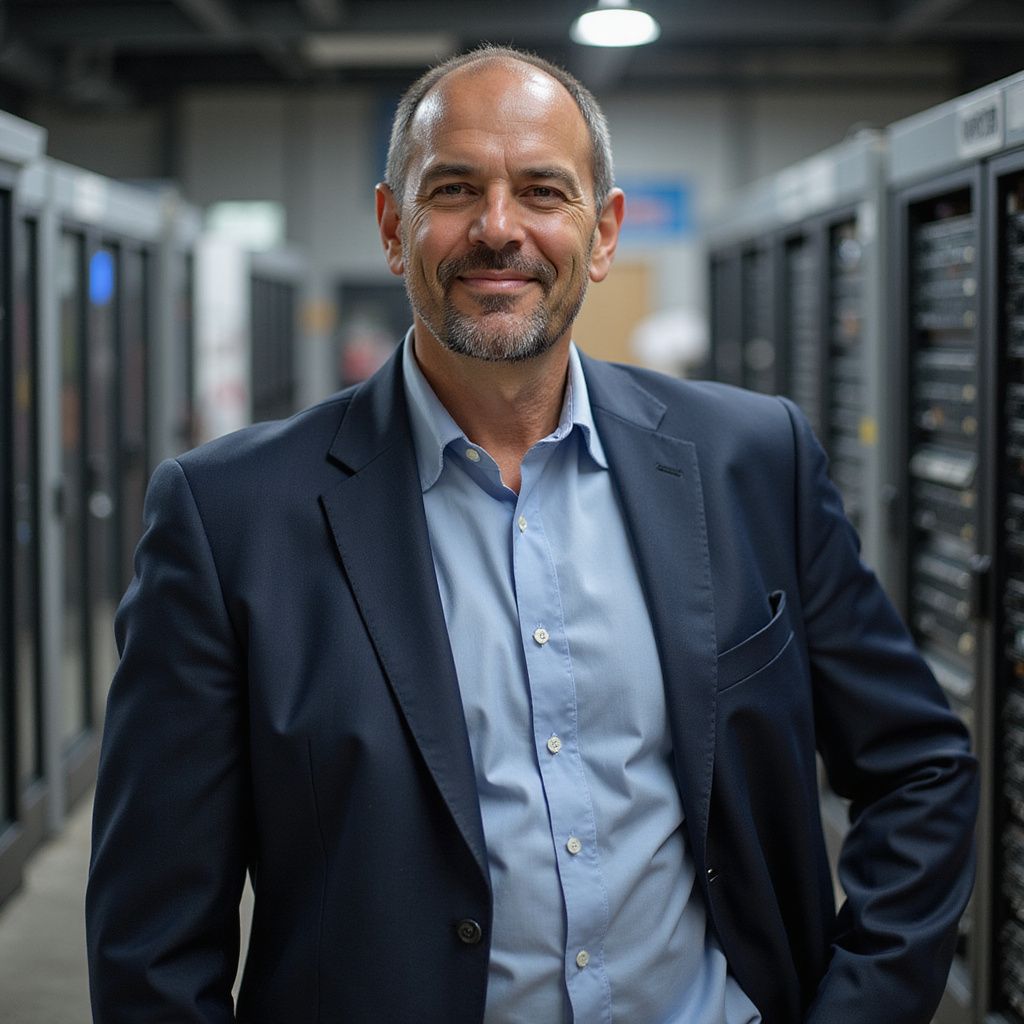 Man in a blue suit smiles in a server room, rows of servers behind him.