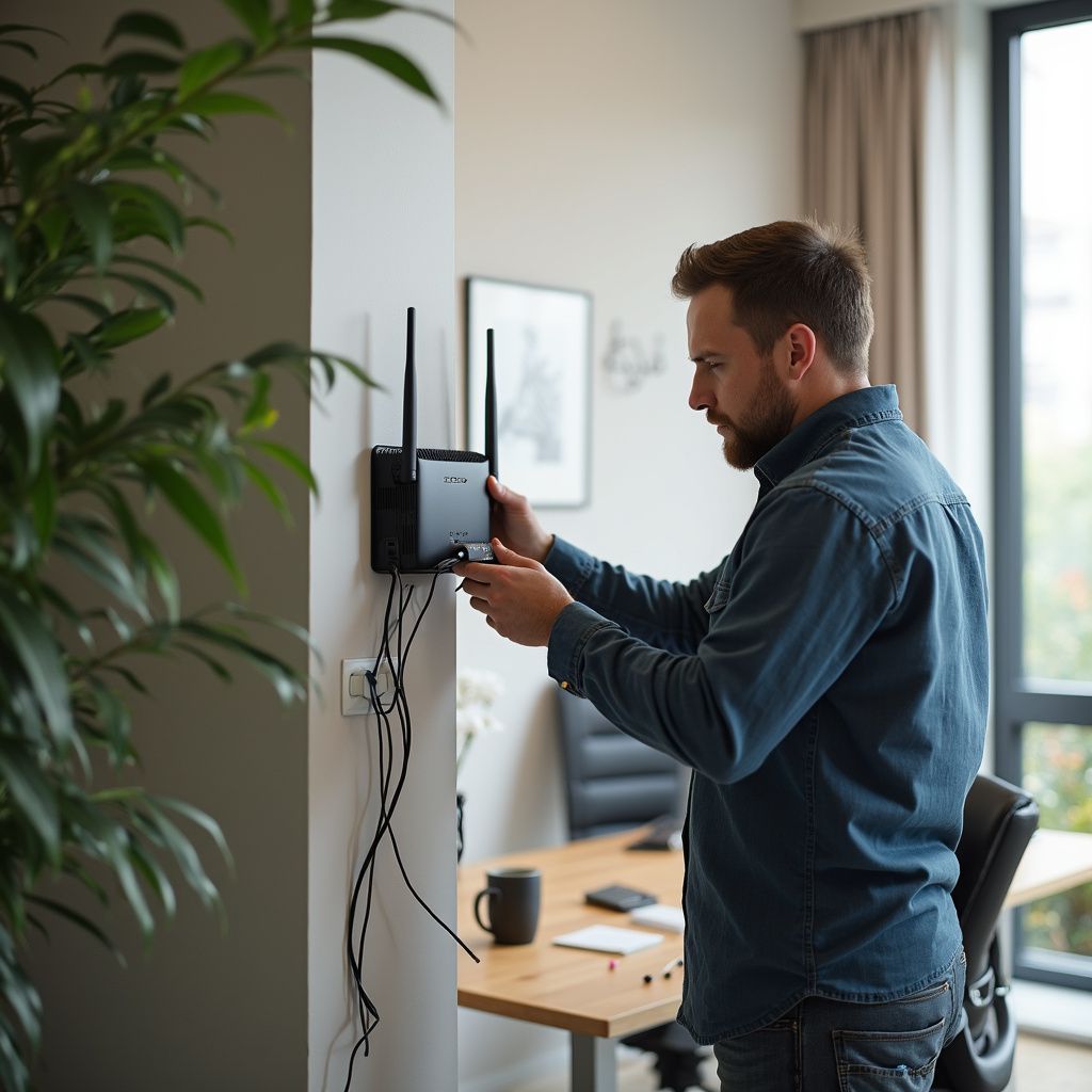 Man installing a router on a wall, connecting cables. Indoors, near a desk and a plant.