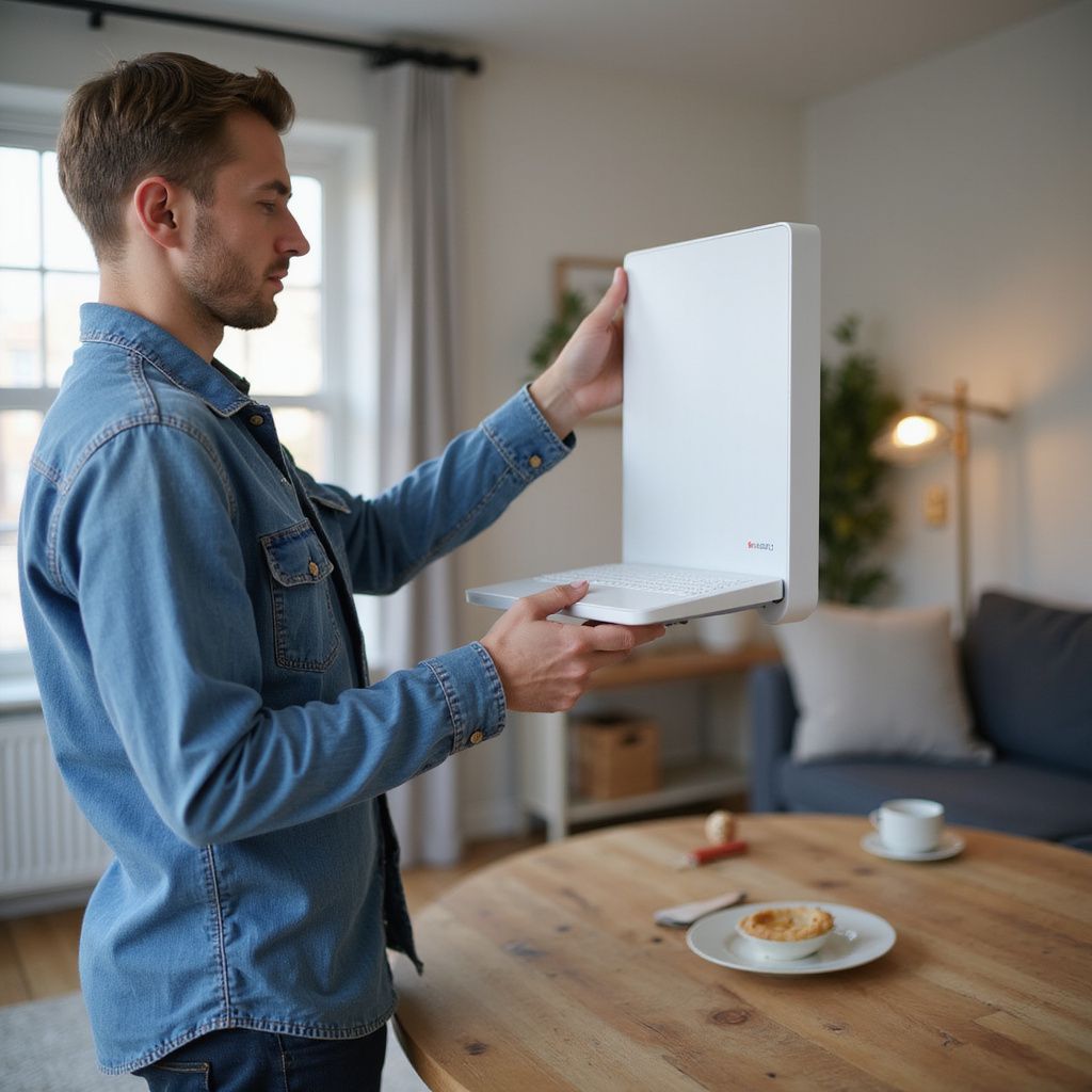 Man holding a large, white laptop in a living room.