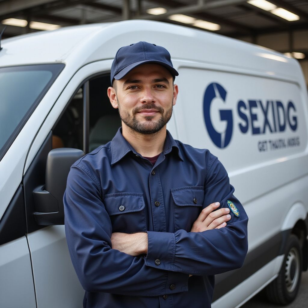 Man in blue uniform with crossed arms stands by white van with company logo.