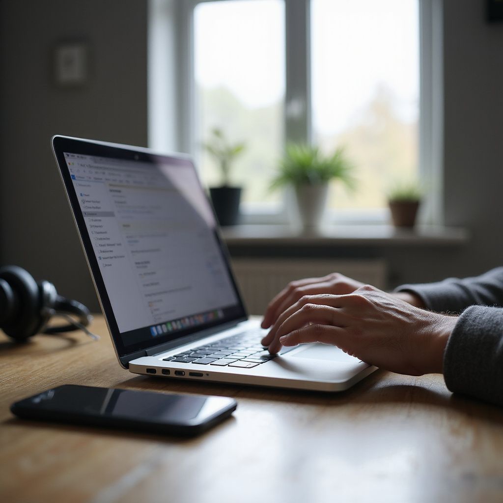 Person typing on a laptop at a wooden desk with a phone and headphones, a window with plants in the background.