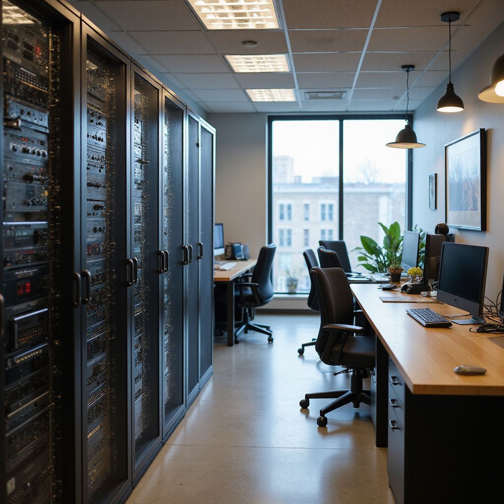 Server room with desks. Servers on the left, desks with computers and chairs by a window.