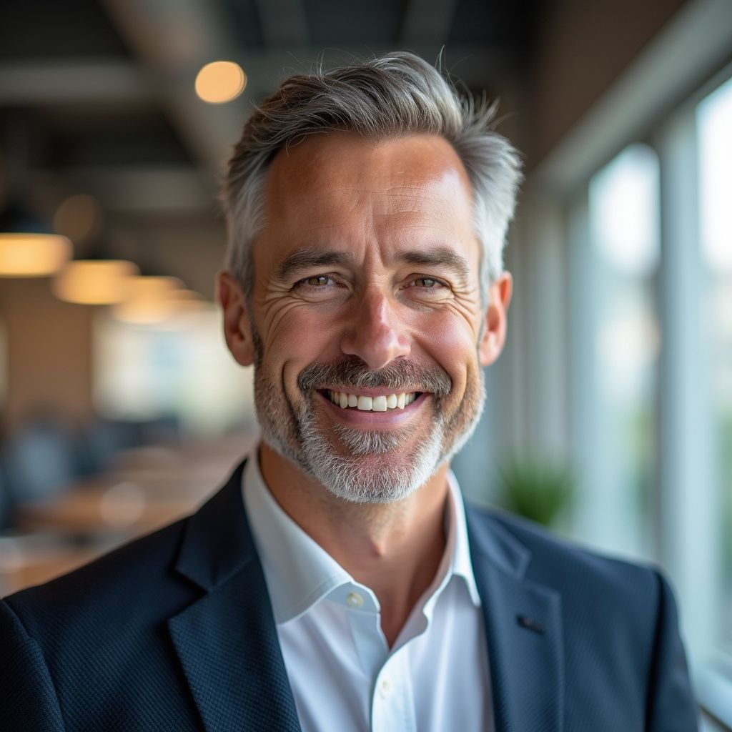 Smiling man with gray hair and beard, wearing a suit and looking at the camera indoors.