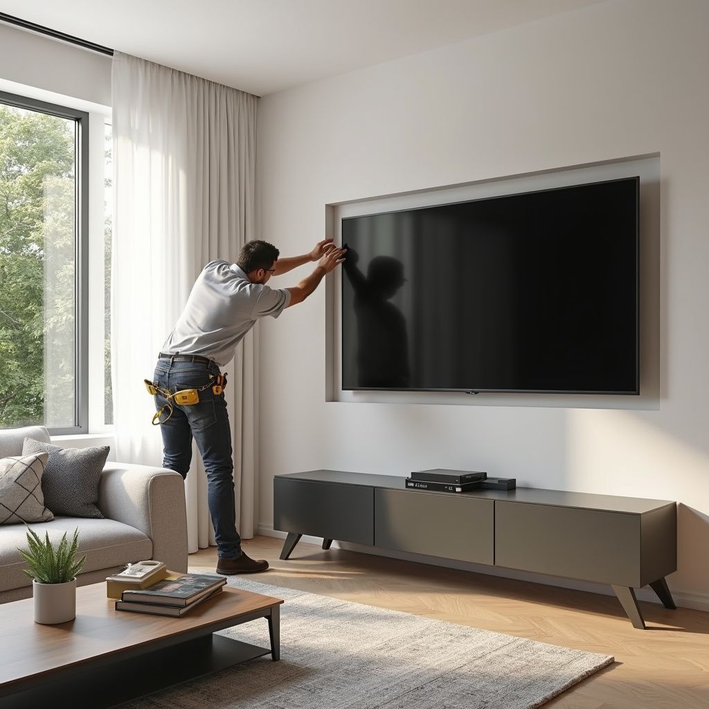 Man installing a TV in a recessed wall mount in a modern living room.