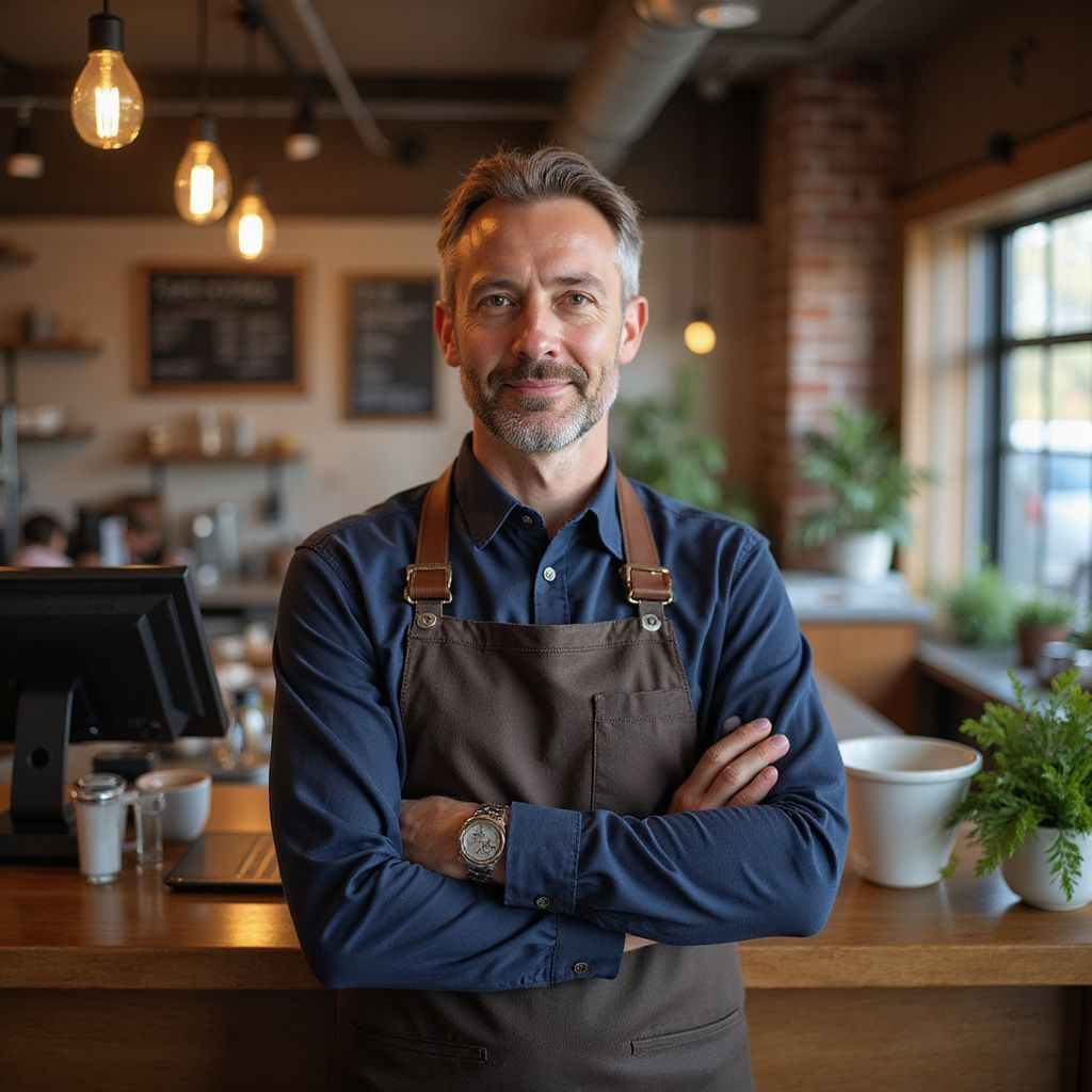 Man with crossed arms wearing an apron in a cafe.