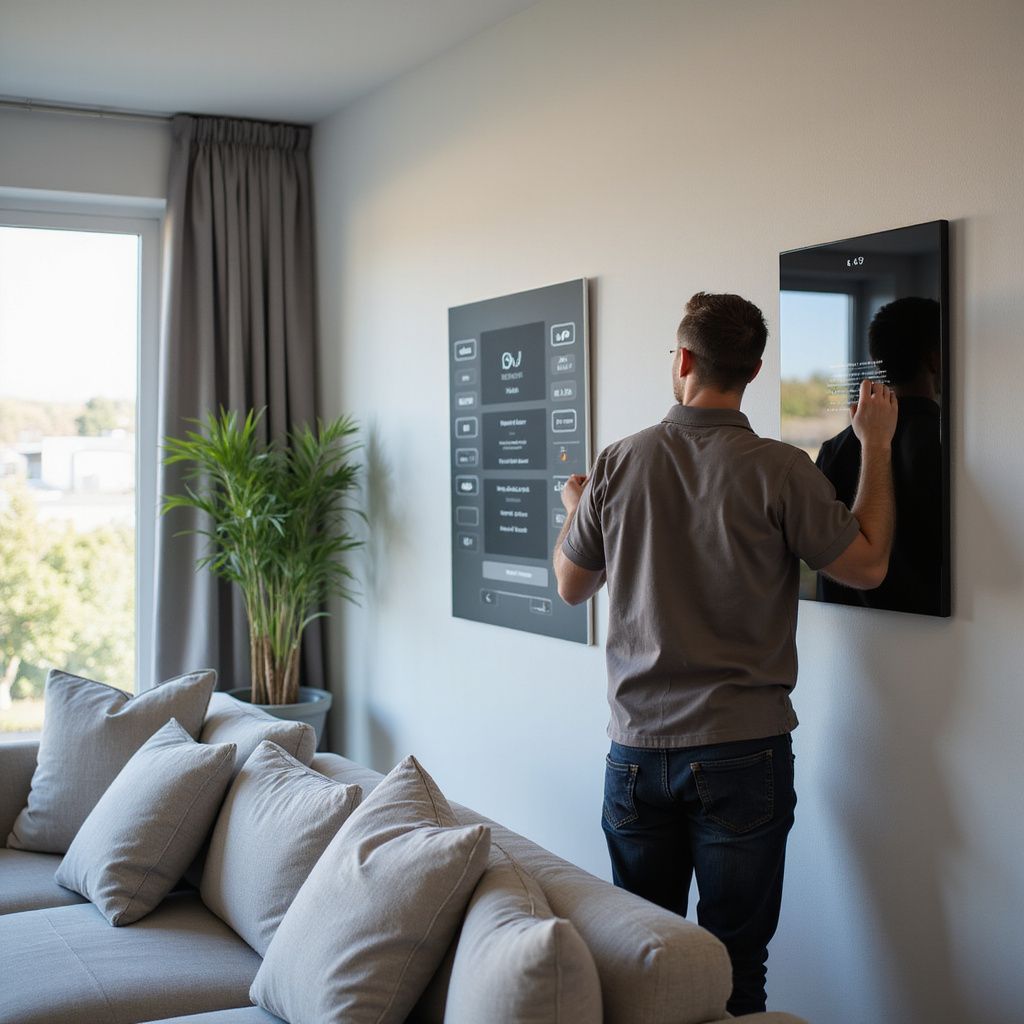 Man installing a smart home control panel on a wall in a living room.