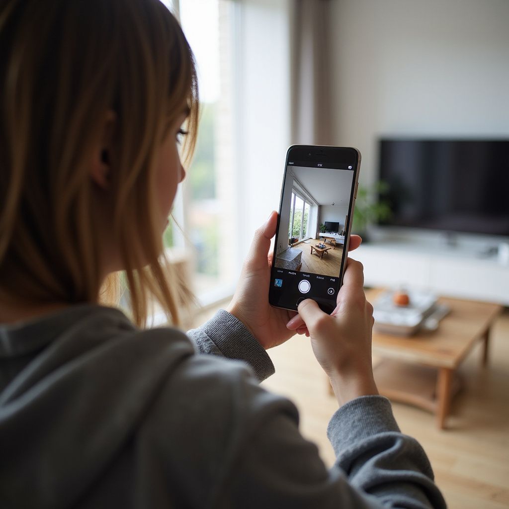 Woman holding a smartphone, taking a photo of a living room with a TV and window.