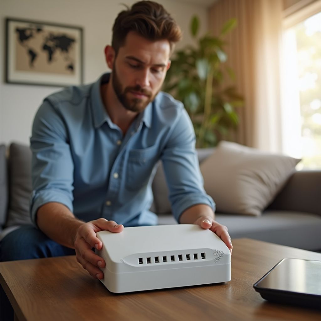 Man setting up a white device with ports on a table, sitting in a living room.