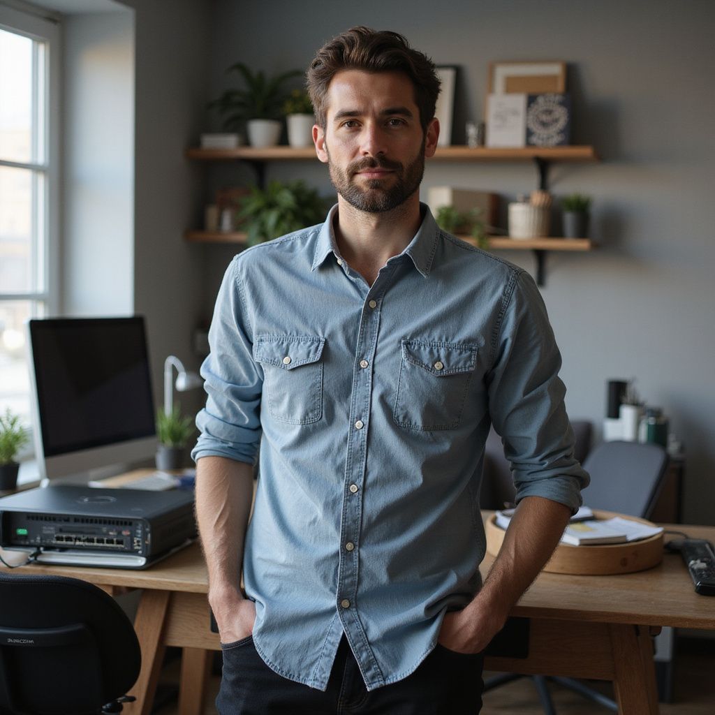 Man in blue button-down shirt stands in a home office with hands in pockets, looking at the camera.