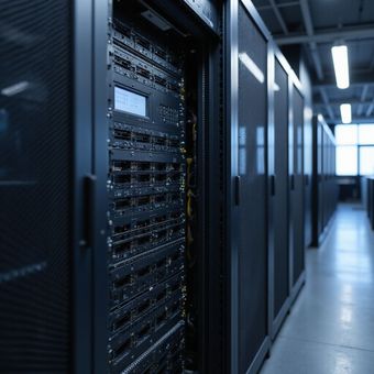 Rows of dark server racks in a data center; one rack's door is open, revealing internal components.