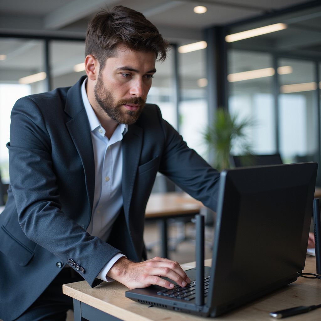 Man in suit using laptop in office. Leaning on desk, focused expression.