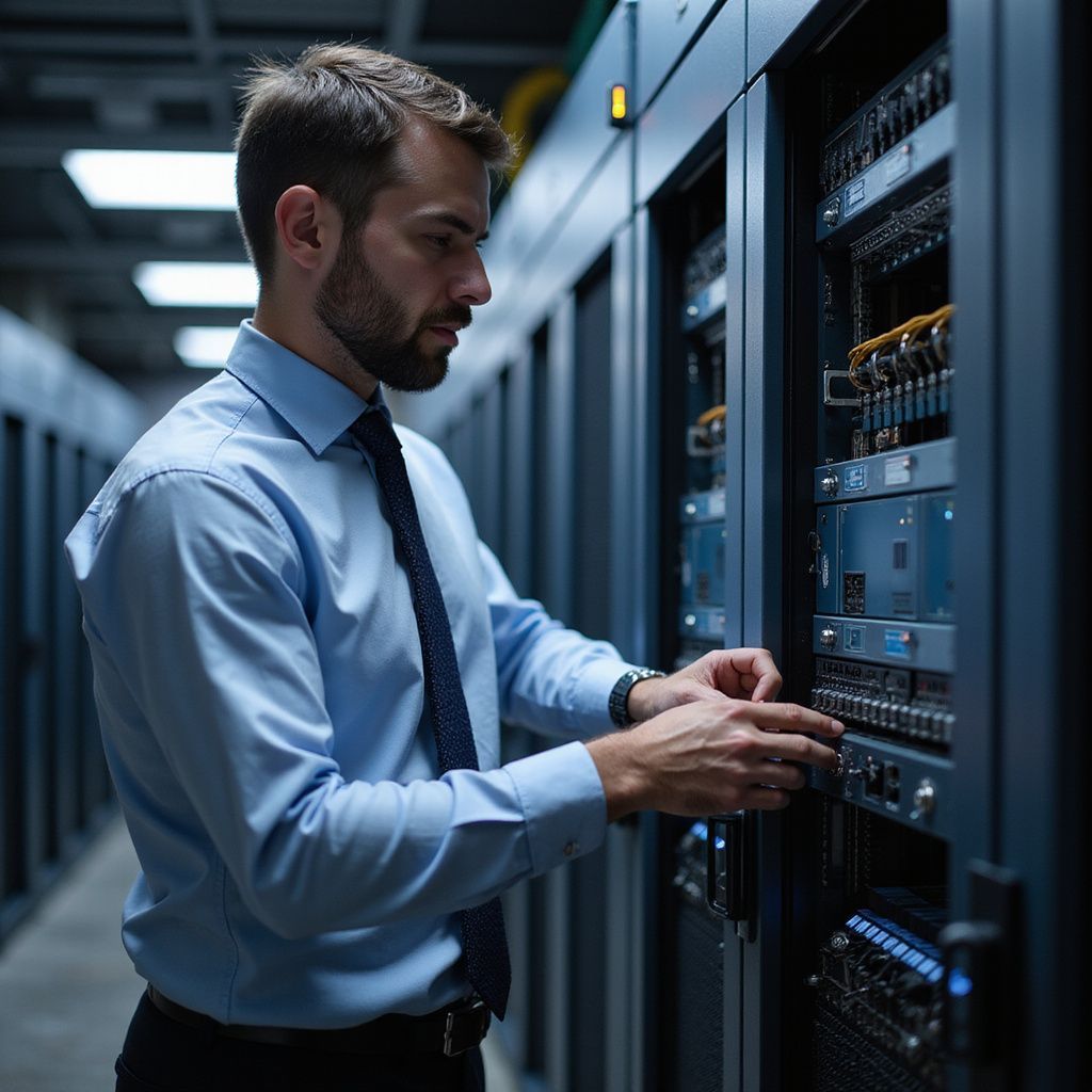 Man in a light blue shirt and tie working on server equipment in a data center.