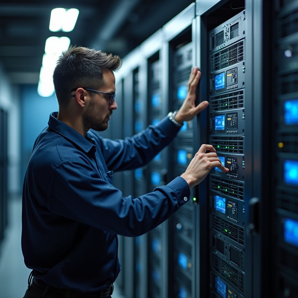 Man in blue shirt working on server racks in a data center.