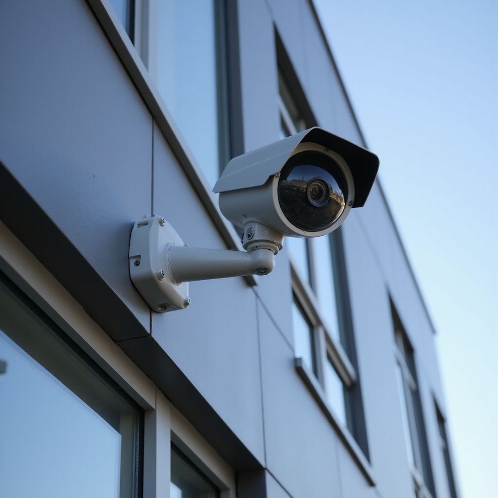 Security camera mounted on a modern building's exterior wall, capturing surveillance.