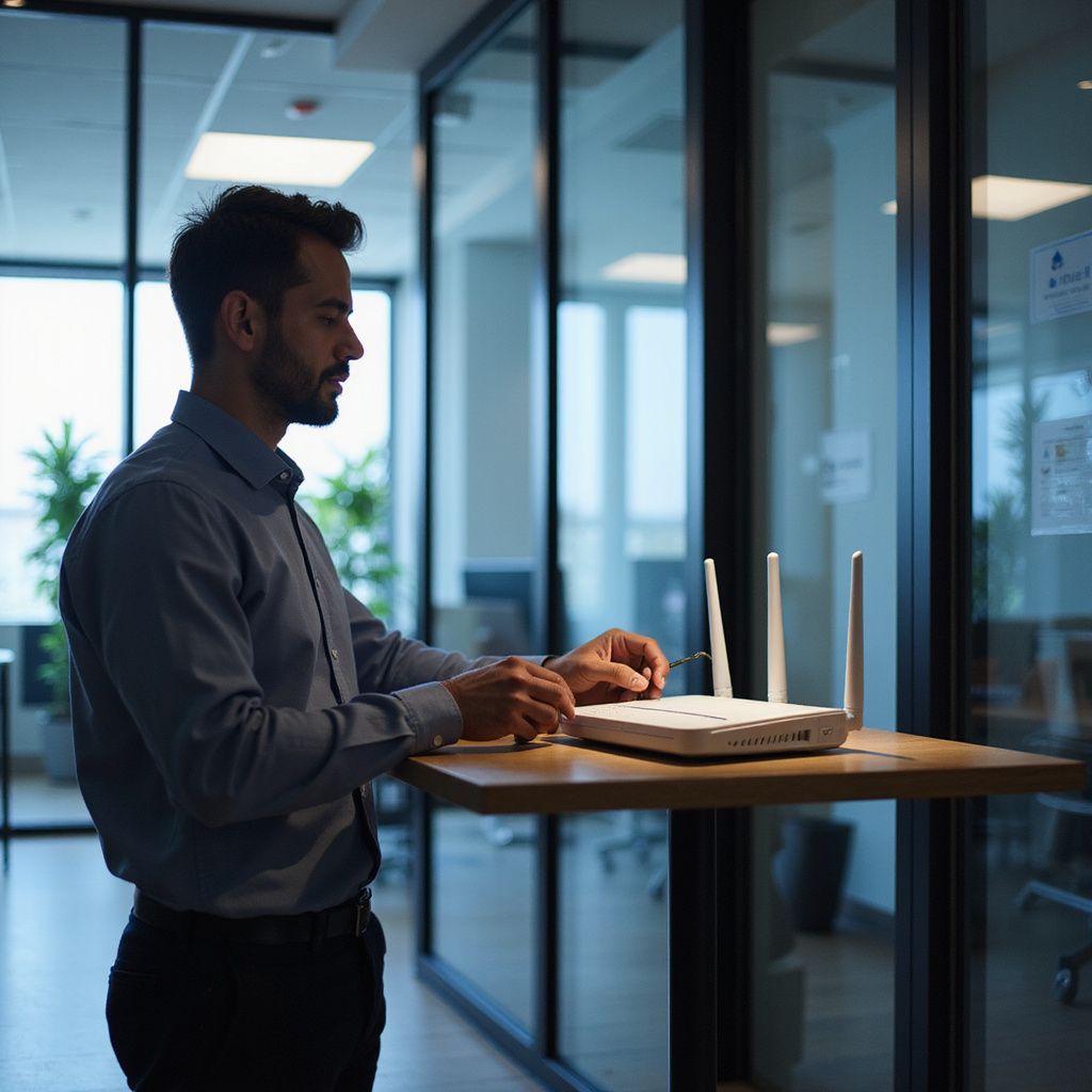 Man adjusting a white router on a desk in an office setting with glass walls.