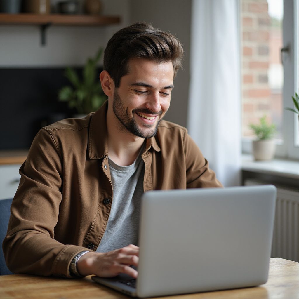 Man smiling, working on a laptop at a wooden table near a window. He wears a brown jacket.