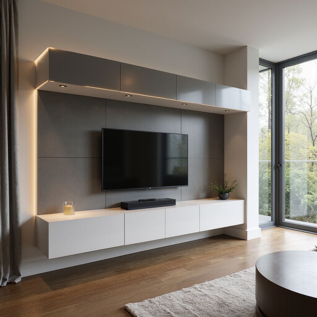 Modern living room with a gray and white built-in entertainment center, TV, and large window.