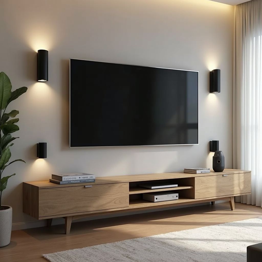 Living room with TV mounted on wall, sconce lighting, wood console, and rug.