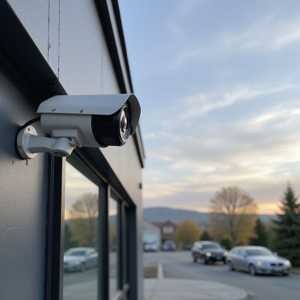 Security camera mounted on a gray building, overlooking a street with cars, a mountain, and a cloudy sky.