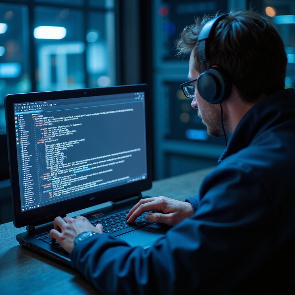 Man wearing headphones and glasses, coding on a laptop in a dimly lit room.