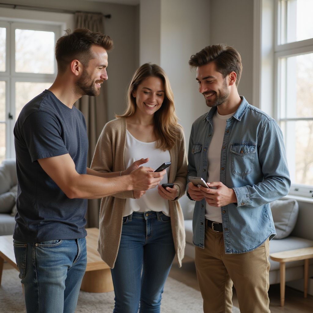 Three people looking at smartphones and smiling in a well-lit living room.