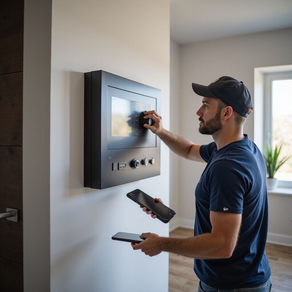 Man interacting with a wall-mounted control panel, holding two tablets. Room setting, natural light.
