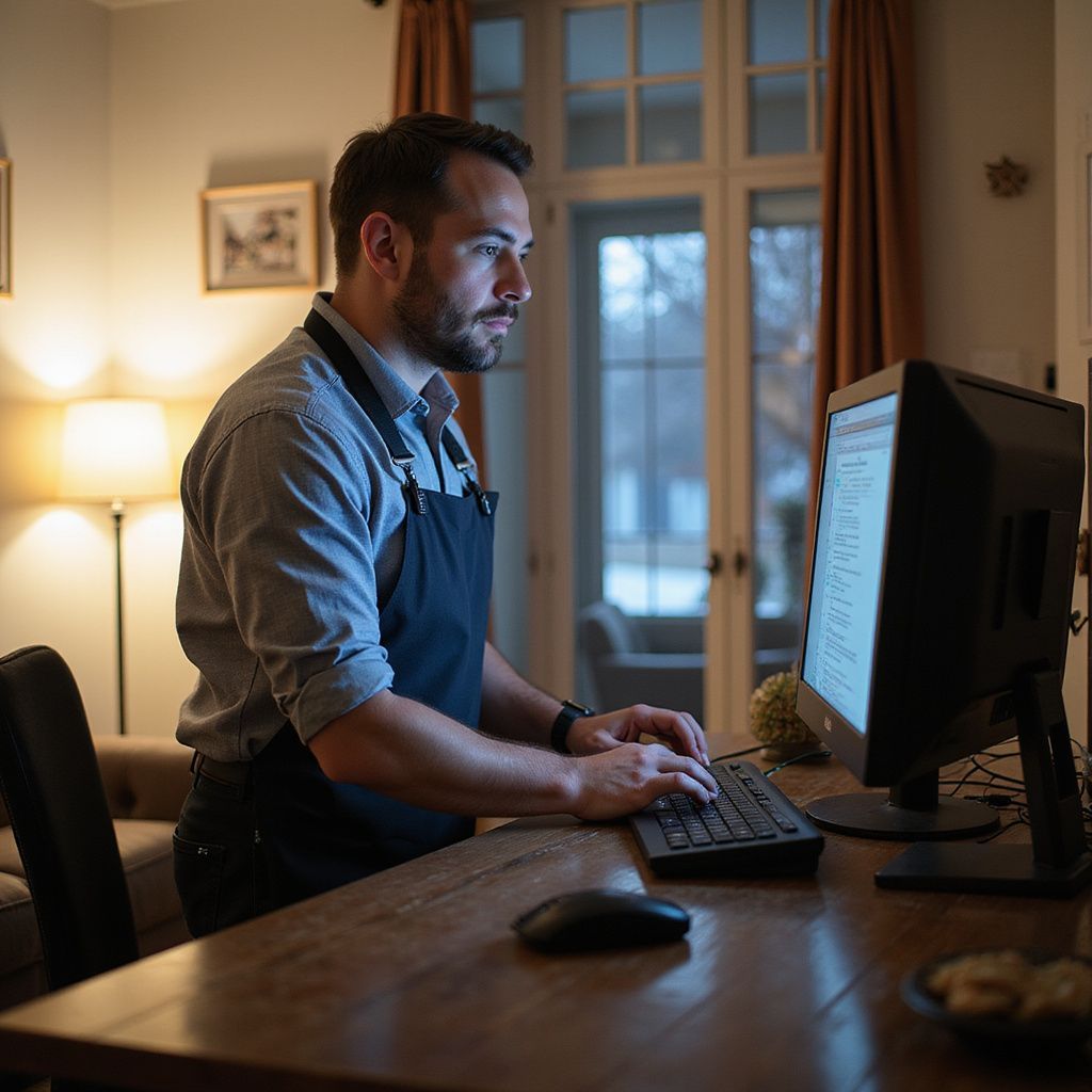 Man wearing apron typing at a computer on a wooden desk; indoors at dusk.